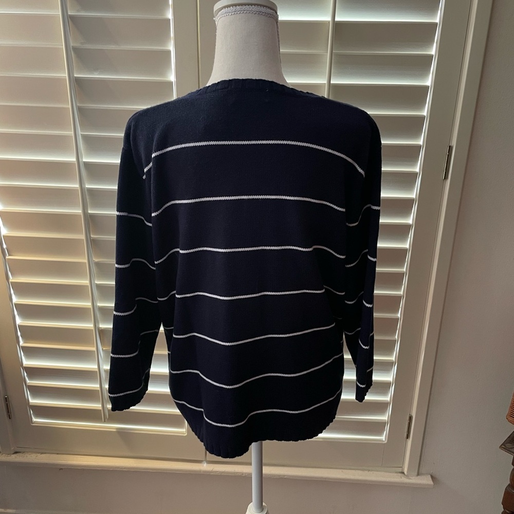White Stag Vintage sweater Navy Blue White stripes ribbed cotton V Neck size LG - Picture 8 of 13